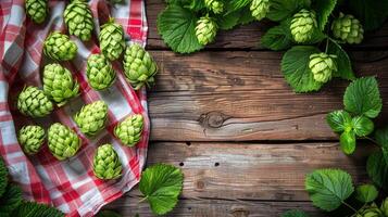 Fresh Green Hop Cones on Wooden Table With Red Checkered Cloth photo