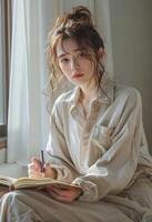 Woman Writing in a Book While Sitting in a Cozy Home Setting photo