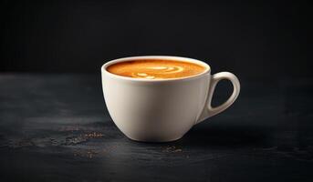 White Mug of Steaming Latte Art on Dark Background photo
