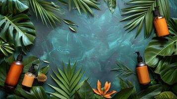 Tropical Green Leaves Surround Bottles of Lotion on Blue Background photo