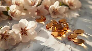 White Almond Blossoms and Golden Capsules on a Marble Surface photo