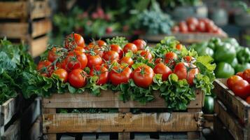 Fresh Produce Displayed on Rustic Wooden Shelf With Flowers and Barrels photo