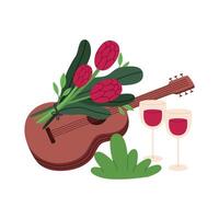 verano romántico picnic concepto. guitarra, vino y flores plano ilustración aislado en blanco antecedentes. vector