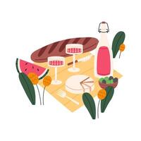 verano romántico picnic concepto. vino, queso y aceitunas en frazada. plano ilustración aislado en blanco antecedentes. vector