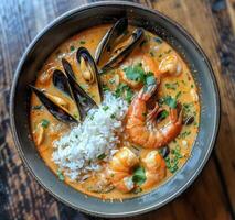 A Bowl of Spicy Seafood Soup With Rice, Mussels, and Shrimp photo