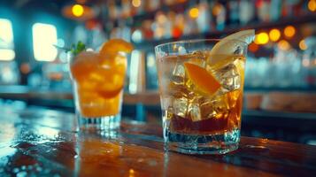 Two Cocktails With Orange Slices and Ice on a Bar Counter at Night photo