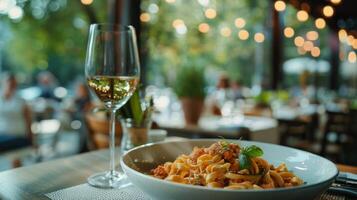 A Glass of White Wine and Pasta on a Table at an Outdoor Restaurant photo