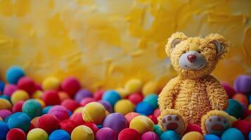 Plush Yellow Bear Sitting On Blue Floor In Playroom photo