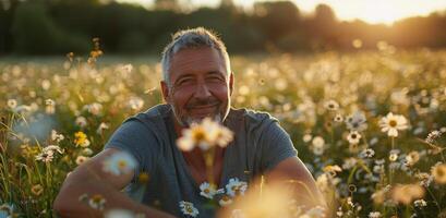 Smiling Senior Man Kneeling in a Field of Flowers at Sunset photo