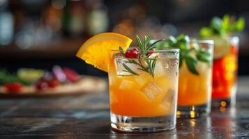 dos refrescante cócteles con naranja rebanadas y menta guarnaciones en un bar encimera foto