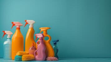 Colorful Cleaning Supplies on Blue Background photo