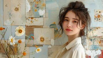 Young Woman With Brown Hair Posing In Front Of Colorful Wall With Flowers photo