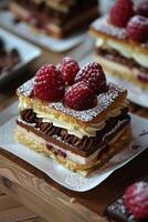 Fresh Raspberry and Chocolate Layered Dessert on White Paper photo