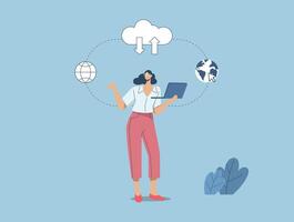 Secure connection, Storage of important data, and cloud technology, Cloud computing services business technology concept, Woman standing using laptop to work in social media. illustration. vector
