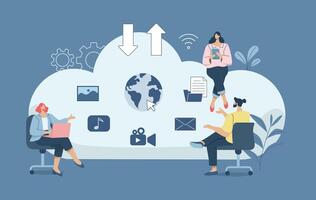 Storing important information of a company or organization in cloud technology, Secure connection, Cloud security, Business team working with computers via secure online system. illustration. vector