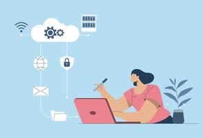 Technology cloud computing service server storage concept and cloud security, Secure connection, Storage of important data, Woman uses laptop to work in social media. design illustration. vector