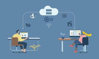 Cloud protection of important corporate databases or personal data, Secure cloud downloads and uploads, Business team working with computers via secure online system. design illustration. vector