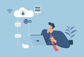 Technology cloud computing service server storage concept and cloud security, Secure connection, Storage of important data, A man uses laptop to work in social media. design illustration. vector