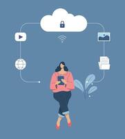 Protection of important personal databases, Secure cloud downloads and uploads, Personal security management concept, Woman using tablet online in social media. design illustration. vector