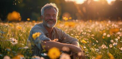 Smiling Senior Man Kneeling in a Field of Flowers at Sunset photo