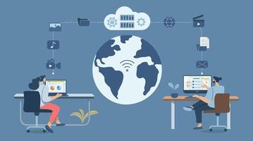Cloud protection of important corporate databases or personal data, Secure cloud downloads and uploads, Business team working with computers via secure online system. design illustration. vector