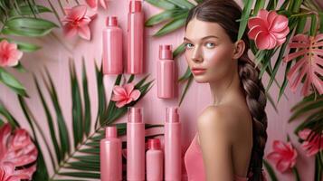 Woman With Braided Hair Posing With Pink Bottles and Tropical Flowers photo