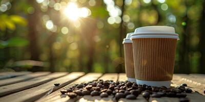 Two Disposable Coffee Cups On Wooden Table With Coffee Beans In A Sunlit Forest photo