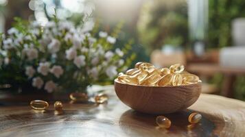 Wooden Bowl Filled With Yellow Supplements on Wooden Table With Flowers photo