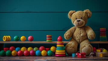 Plush Yellow Bear Sitting On Blue Floor In Playroom photo