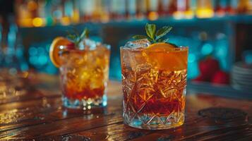 dos refrescante cócteles con naranja rebanadas y menta guarnaciones en un bar encimera foto