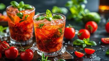Two Glasses of Tomato Basil Iced Tea on a Dark Wooden Table photo