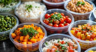 Prepared Food Display Featuring Chopped Carrots and Rice in Clear Plastic Containers photo