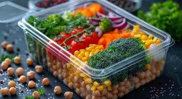 Prepared Meal Ingredients in Clear Containers on Dark Countertop photo