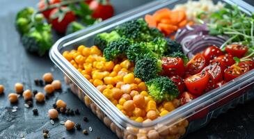 Prepared Meal Ingredients in Clear Containers on Dark Countertop photo