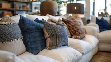 White Sofa With Red, Orange, and Blue Pillows in a Modern Living Room photo