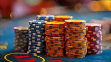 Stacks of Blue and Red Casino Chips on a Green Felt Table photo