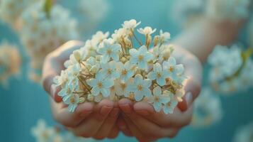 Close Up of Hands Holding White Flowers Against a Blue Background photo