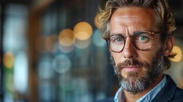 Portrait of a Man With a Beard and Glasses in a Cafe photo