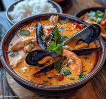 Spicy Seafood Tom Yum Soup With Rice and Fresh Cilantro photo