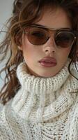 Close Up Portrait Of Woman Wearing Orange Sunglasses And Red Lipstick photo