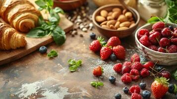 Fresh Berries, Croissants, and Almonds on a Rustic Tabletop photo