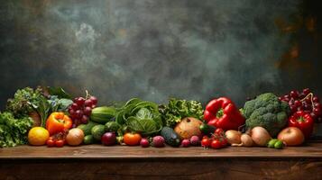 Fresco vegetales arreglado alrededor de madera superficie foto
