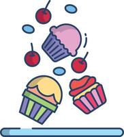 Cupcakes with cherry and gems linear color illustration vector