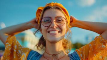 Smiling Woman With Yellow Headscarf and Glasses on Sunny Day photo