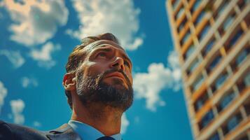 Man Wearing Glasses Looks Up On Sunny Day in City photo