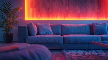 Modern Living Room Interior Design With Blue Couch and Red LED Strip Lights photo