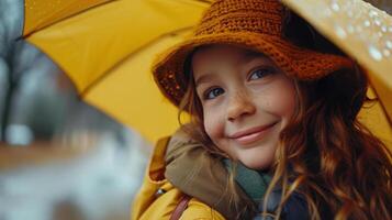 joven niña sonrisas debajo amarillo paraguas en lluvioso día foto