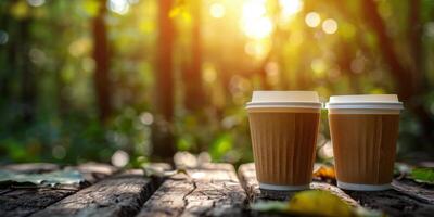 dos papel tazas de café descansando en un de madera banco en un bosque a puesta de sol foto