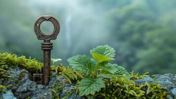 An Old Key Embedded in Mossy Rock and Surrounded by Greenery photo