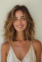 Woman With Short Brown Wavy Hair Smiling Against A White Wall photo